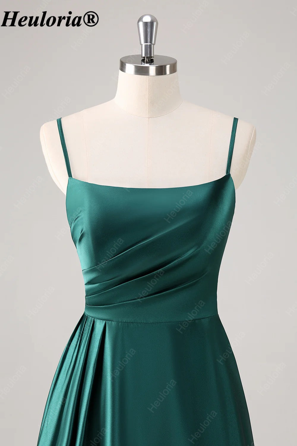 HEULORIA Dark Green Spaghetti Strap Ruched Satin A-Line Bridesmaid Dress ED-260