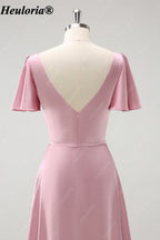 heuloria Pink V-Neck chiffon Bridesmaid Dress with Flutter Sleeves and Ruffle Hem ed-527