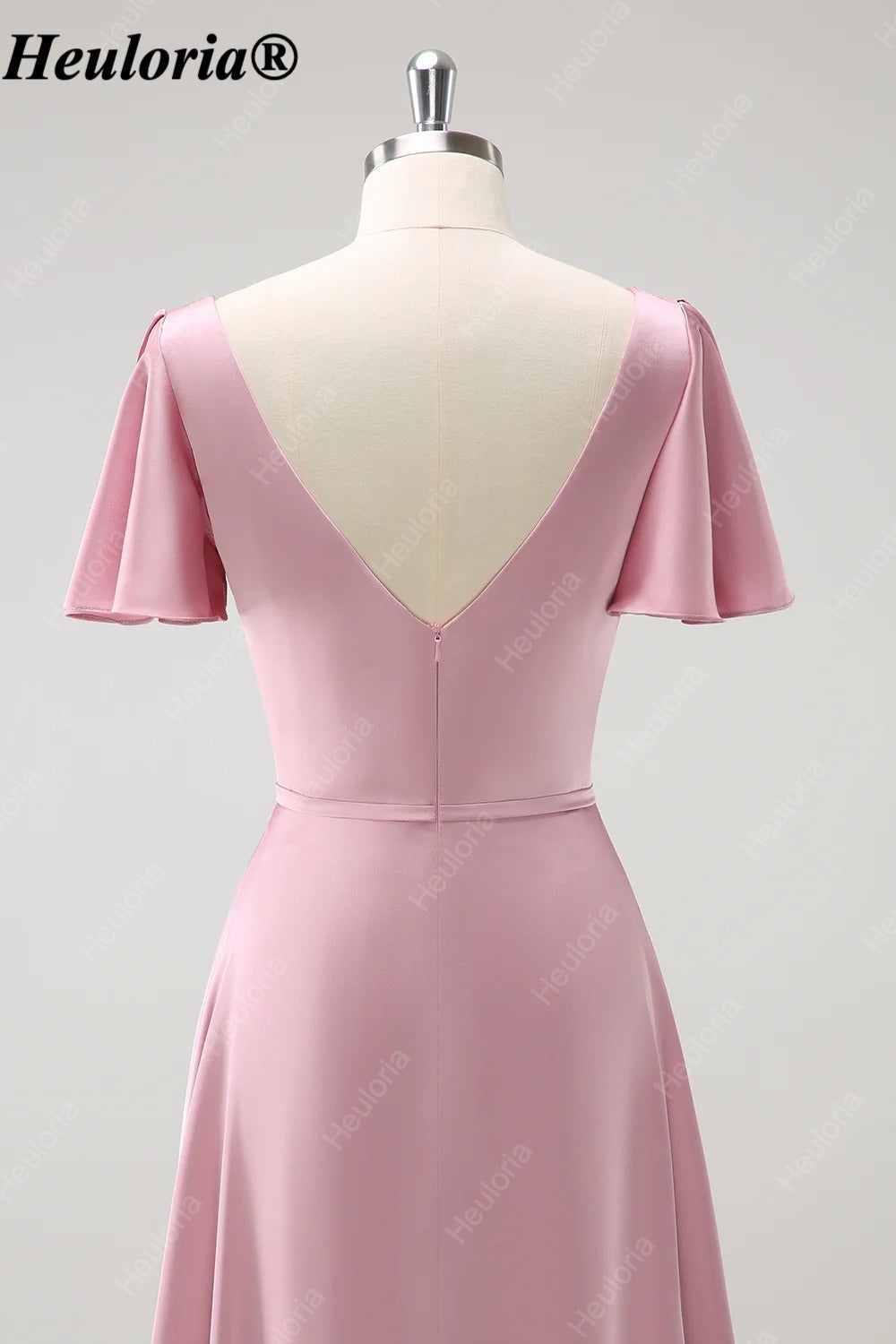 heuloria Pink V-Neck chiffon Bridesmaid Dress with Flutter Sleeves and Ruffle Hem ed-527