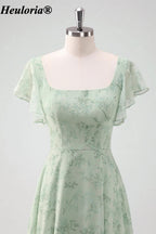 heuloria-Grey Green Floral Square Neck Flutter Sleeve Bridesmaid Dress-ed-558