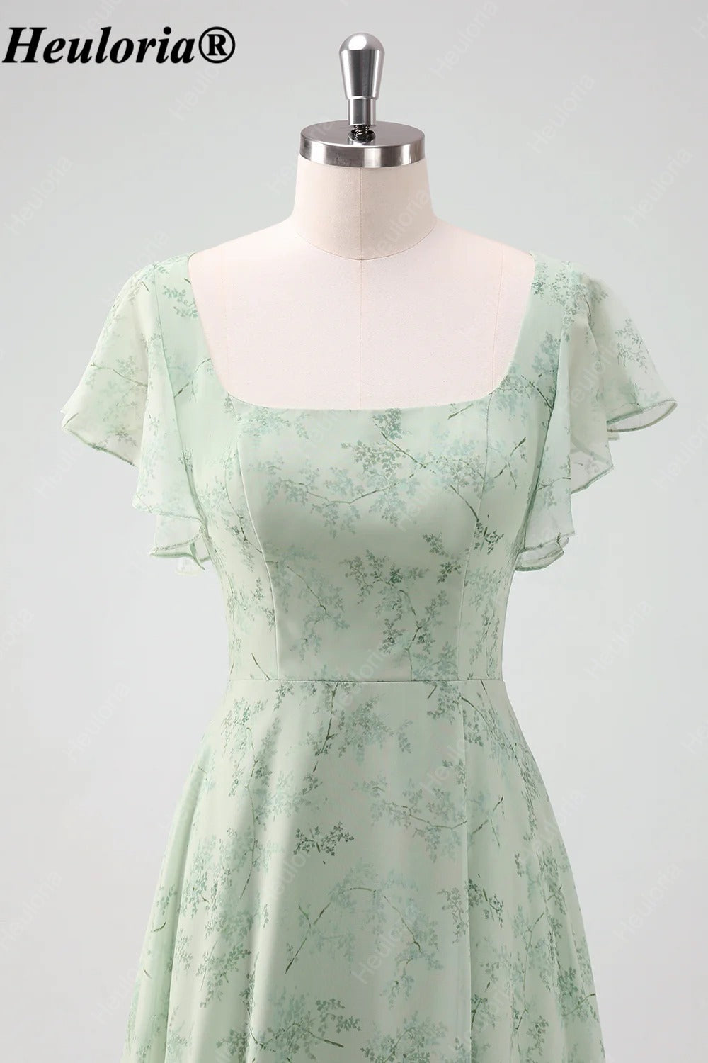 heuloria-Grey Green Floral Square Neck Flutter Sleeve Bridesmaid Dress-ed-558