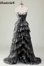 HEULORIA Strapless Sweetheart Floral Tiered Tulle Prom Dress ED-573