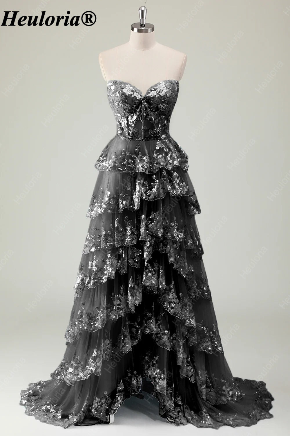 HEULORIA Strapless Sweetheart Floral Tiered Tulle Prom Dress ED-573