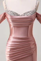 HEULORIA Elegant Ruched Satin Mermaid Evening Gown with Crystal Embellished Straps & Off-the-Shoulder Sleeves ED-349