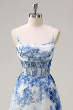 HEULORIA Blue Watercolor Floral Chiffon A-Line Prom Dress with Cowl Neck and Corset Bodice ED-511