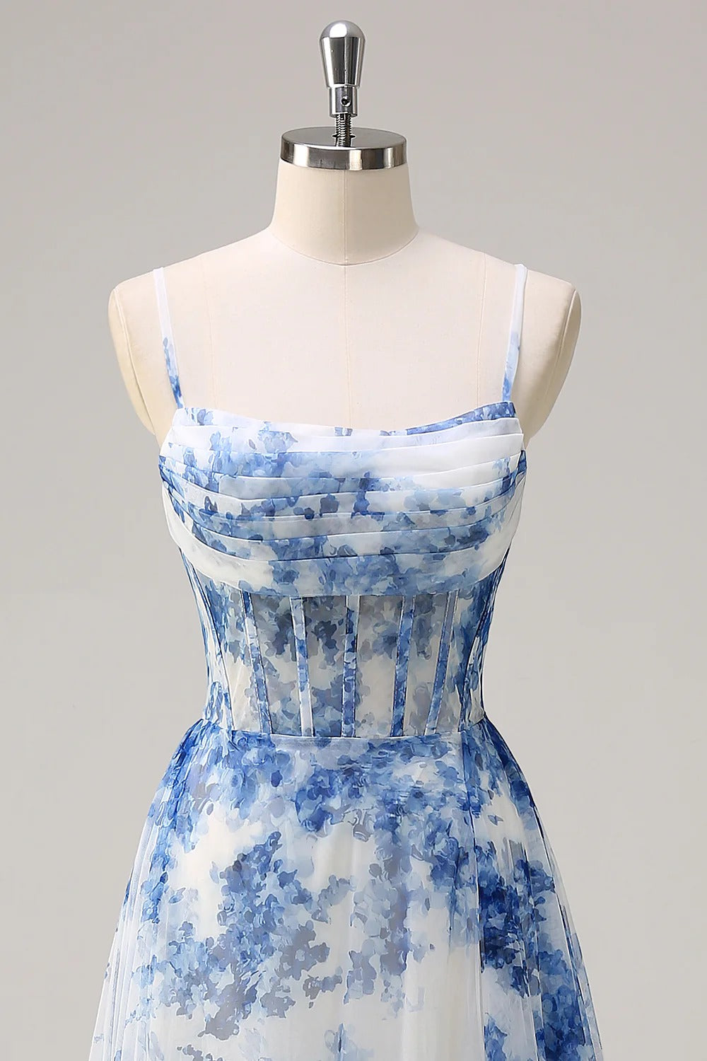 HEULORIA Blue Watercolor Floral Chiffon A-Line Prom Dress with Cowl Neck and Corset Bodice ED-511