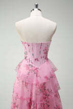 HEULORIA Vintage-Inspired Strapless Floral Gown: Sweetheart Corset Bodice Tiered Ruffle Evening Dress ED-233