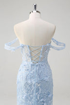 HEULORIA Enchanting Sky Blue 3D Floral Mermaid Prom Dress - Detachable Off-the-Shoulder Corset Evening Gown ED-350