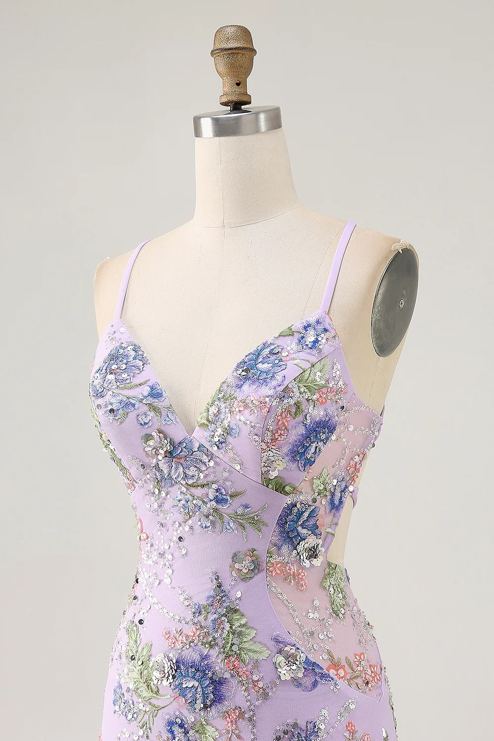 HEULORIA Floral Embroidered Sequin Bodycon Mini Dress with Sheer Mesh Cut-outs and Lace-Up Back ED-597