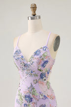 HEULORIA Floral Embroidered Sequin Bodycon Mini Dress with Sheer Mesh Cut-outs and Lace-Up Back ED-597