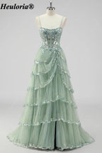 HEULORIA Sequin Lace Tiered Tulle Prom Dress with Spaghetti Straps ED-577