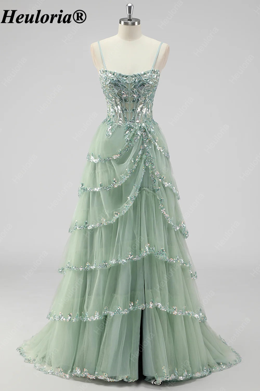 HEULORIA Sequin Lace Tiered Tulle Prom Dress with Spaghetti Straps ED-577
