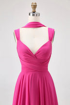 HEULORIA Fuchsia Pleated Chiffon Bridesmaid Dress with Matching Scarf & Side Slit ED-257