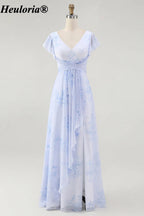 heuloria-Floral V-Neck Flutter Sleeve Bridesmaid Dress with Ruffle Slit-ed-564