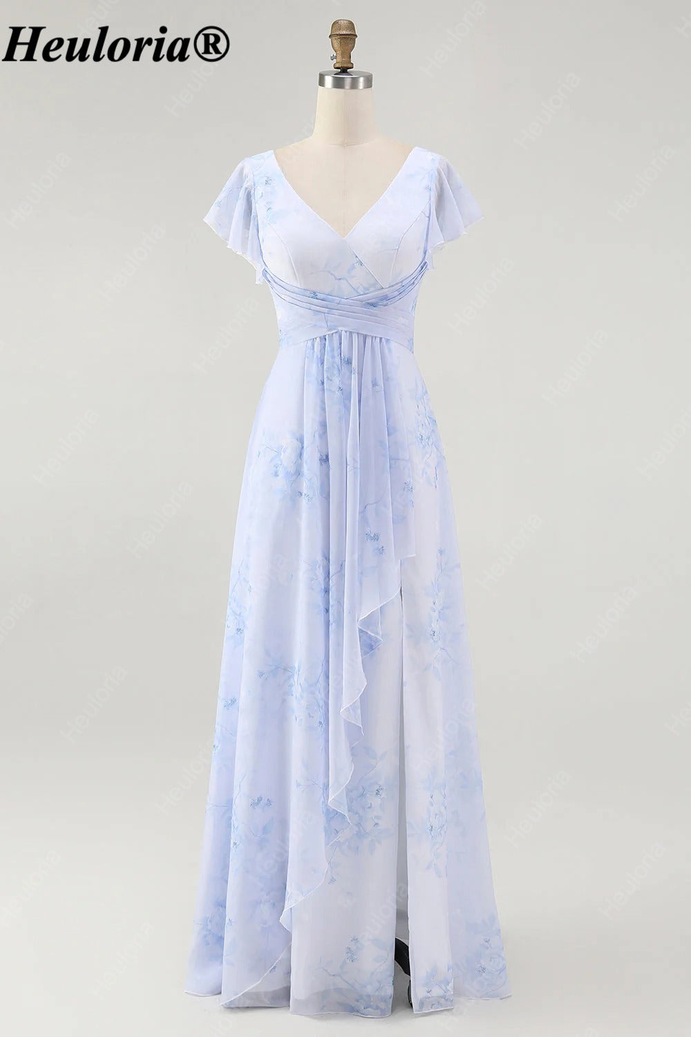 heuloria-Floral V-Neck Flutter Sleeve Bridesmaid Dress with Ruffle Slit-ed-564