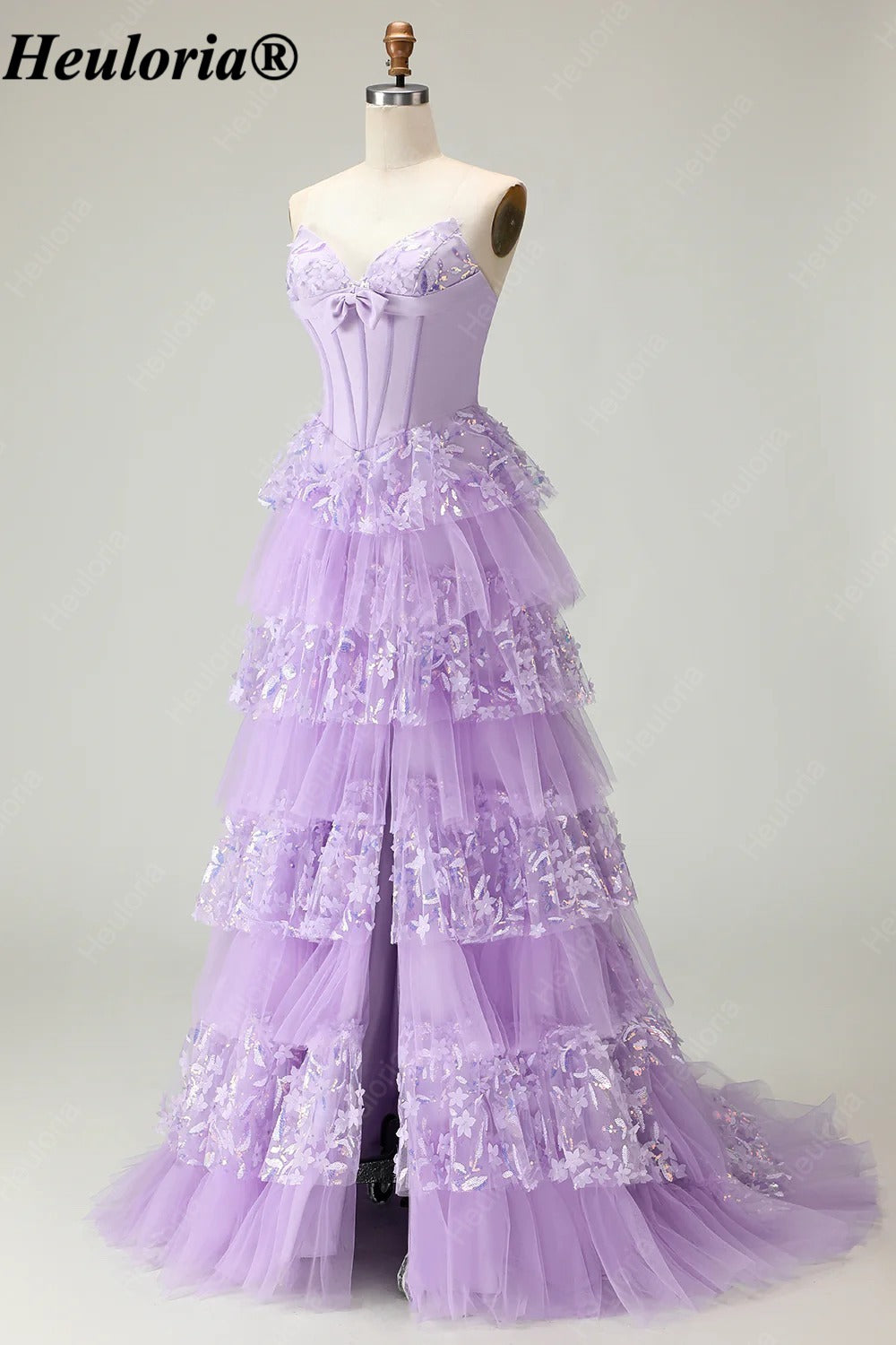 heuloria Strapless Floral Tiered Tulle Corset Prom Dress with Bow ed-507