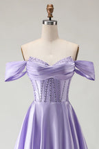 HEULORIA Off-the-Shoulder Sequin Beaded Satin Prom Dress with Slit & Corset Back ED-586
