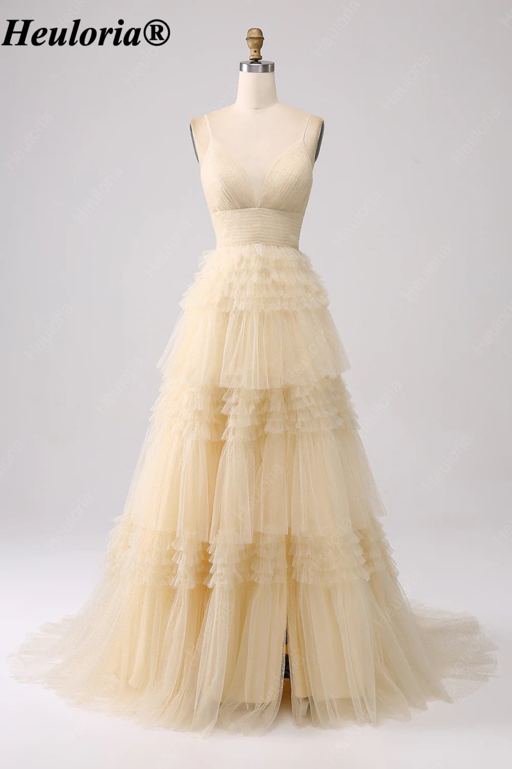HEULORIA V-Neck Tiered Glitter Tulle Prom Dress with Spaghetti Straps ED-364