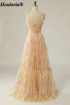 heuloria Floral Embroidered Tulle A-Line Dress with Bow Straps ed-525