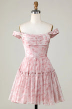 HEULORIA Ethereal Watercolor Floral Off-the-Shoulder Tiered Mini Dress ED-600