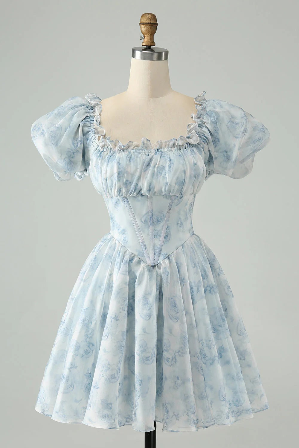HEULORIA Romantic Floral Puff Sleeve Square Neck Mini Dress with Corset Waist ED-592