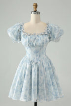 HEULORIA Romantic Floral Puff Sleeve Square Neck Mini Dress with Corset Waist ED-592