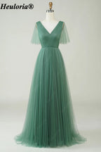 heuloria-Eucalyptus V-Neck Flutter Sleeve Tulle Bridesmaid Dress-ed-551