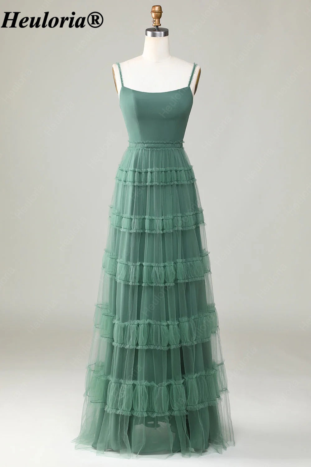 heuloria Eucalyptus Square Neck Tulle Bridesmaid Dress with Ruffle Details ed-550