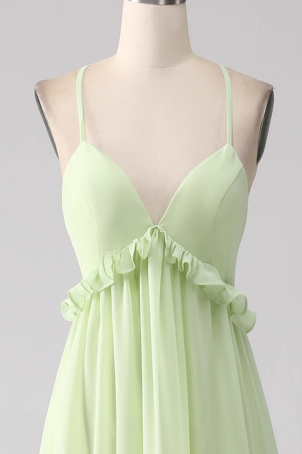 HEULORIA Sage Green Ruffled V-Neck Tiered Chiffon Maxi Dress with Lace-Up Back ED-375