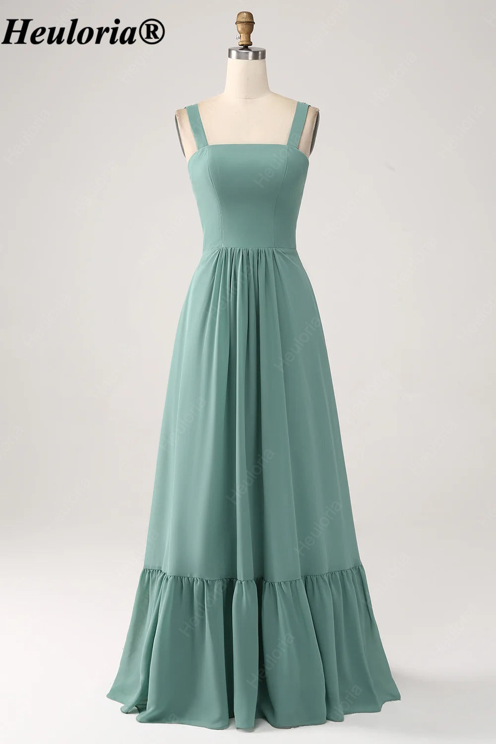heuloria Eucalyptus Square Neck Bridesmaid Dress with Bow Straps and Ruffle Hem ed-535