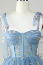 HEULORIA Floral Embroidered Tulle Mini Dress - Sweetheart Corset Bodice with Sheer Tie-Shoulder Straps ED-273