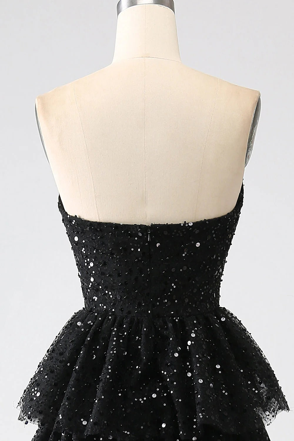 HEULORIA Sparkling Black Sequin Tiered Evening Gown - Strapless Layered Tulle Formal Dress ED-234