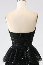 HEULORIA Sparkling Black Sequin Tiered Evening Gown - Strapless Layered Tulle Formal Dress ED-234