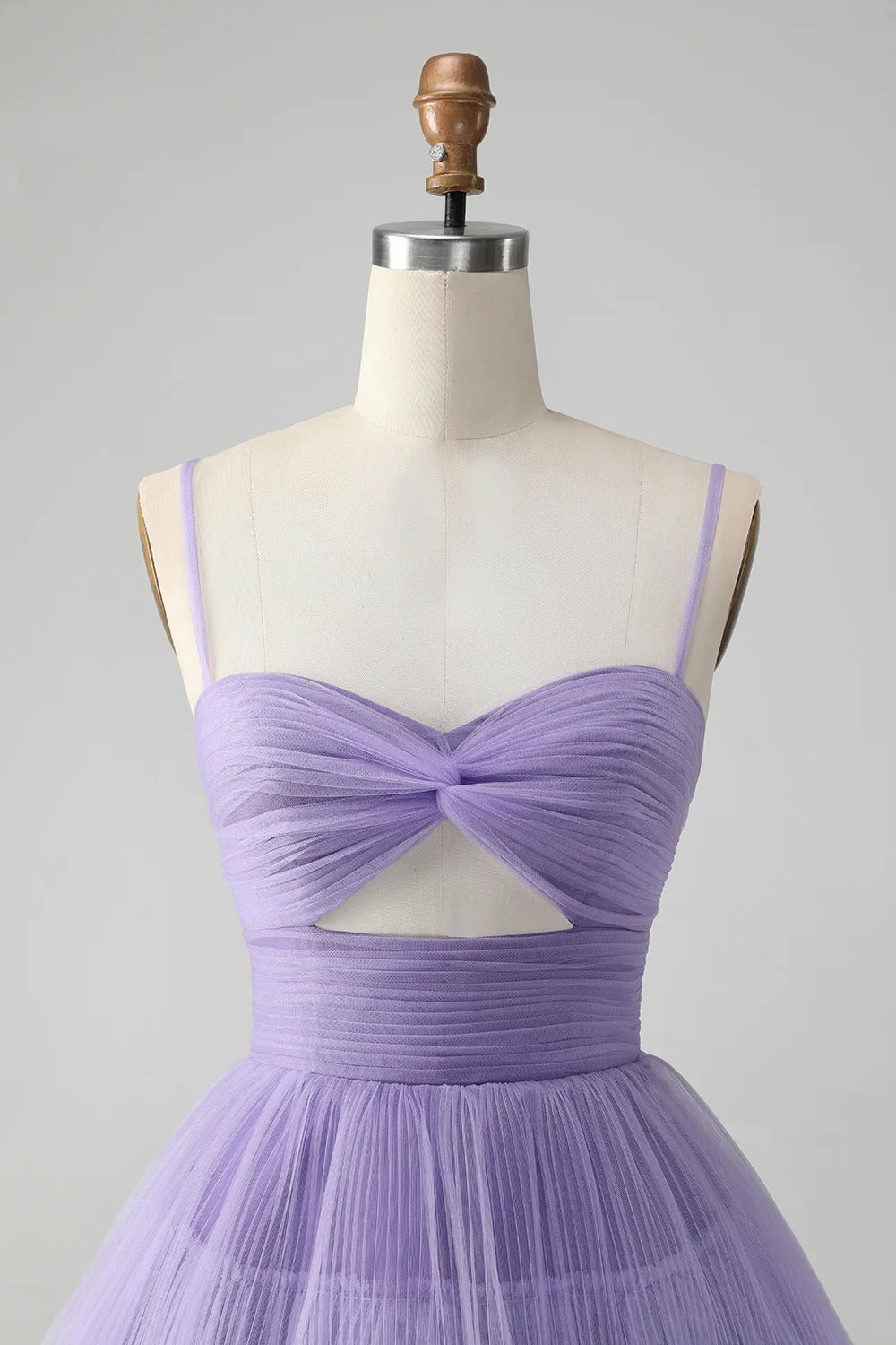 HEULORIA Lavender Tiered Tulle Cut-Out Mini Dress: Twisted Sweetheart Neckline & Spaghetti Straps ED-272