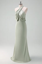 HEULORIA Elegant Dusty Sage Criss-Cross Halter Satin Mermaid Formal Gown ED-229