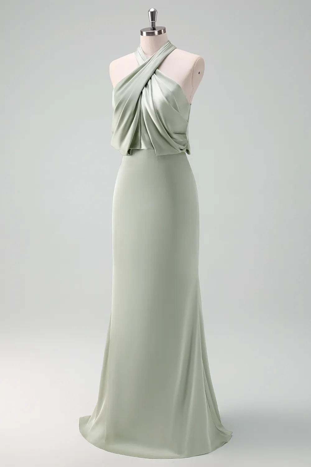 HEULORIA Elegant Dusty Sage Criss-Cross Halter Satin Mermaid Formal Gown ED-229