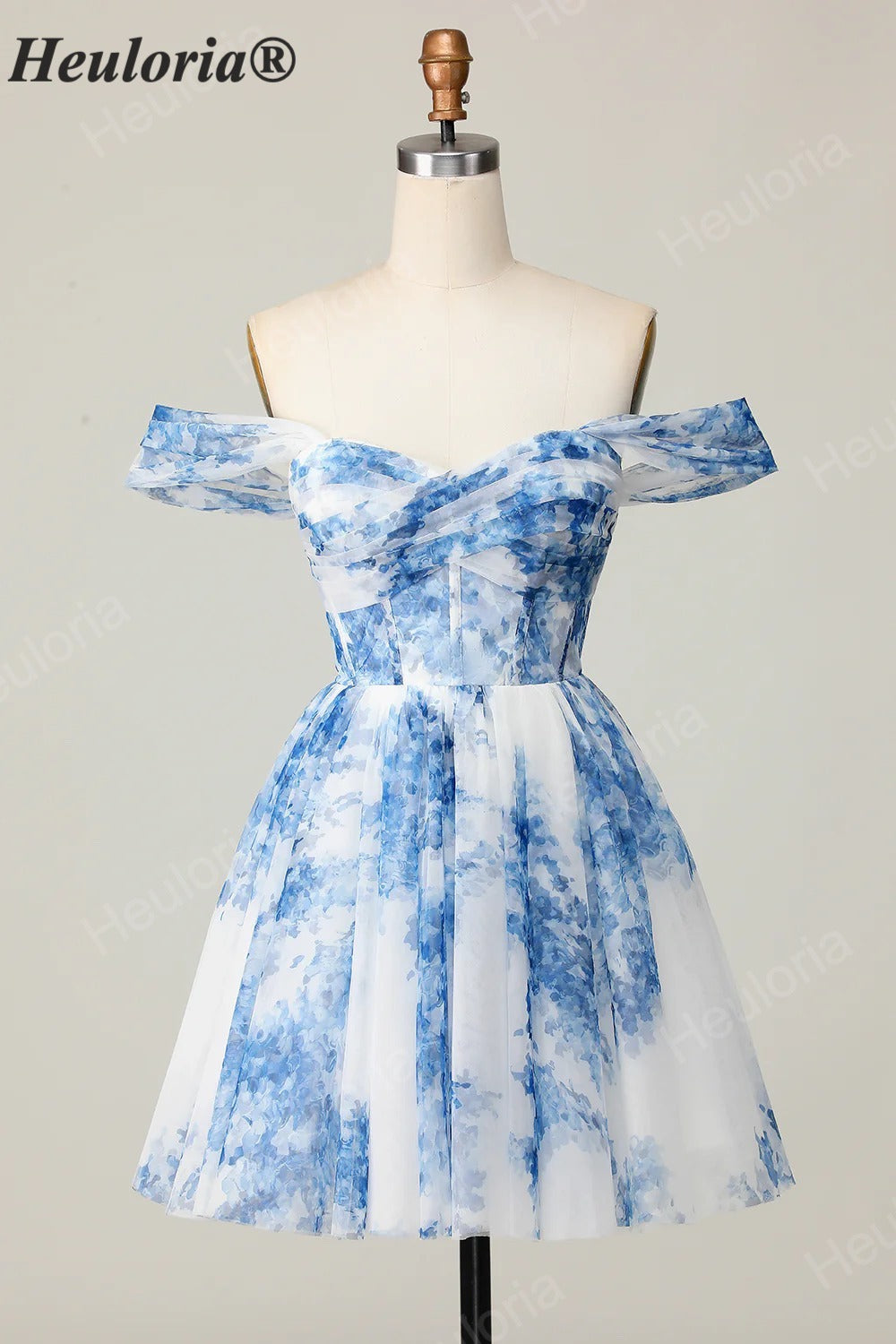 HEULORIA French Chic Blue and White Floral Tulle Mini Party Dress - Convertible Off-the-Shoulder A-Line Cocktail Gown ED-656
