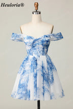 HEULORIA French Chic Blue and White Floral Tulle Mini Party Dress - Convertible Off-the-Shoulder A-Line Cocktail Gown ED-656