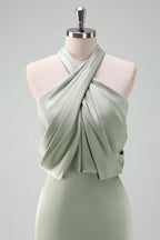 HEULORIA Elegant Dusty Sage Criss-Cross Halter Satin Mermaid Formal Gown ED-229