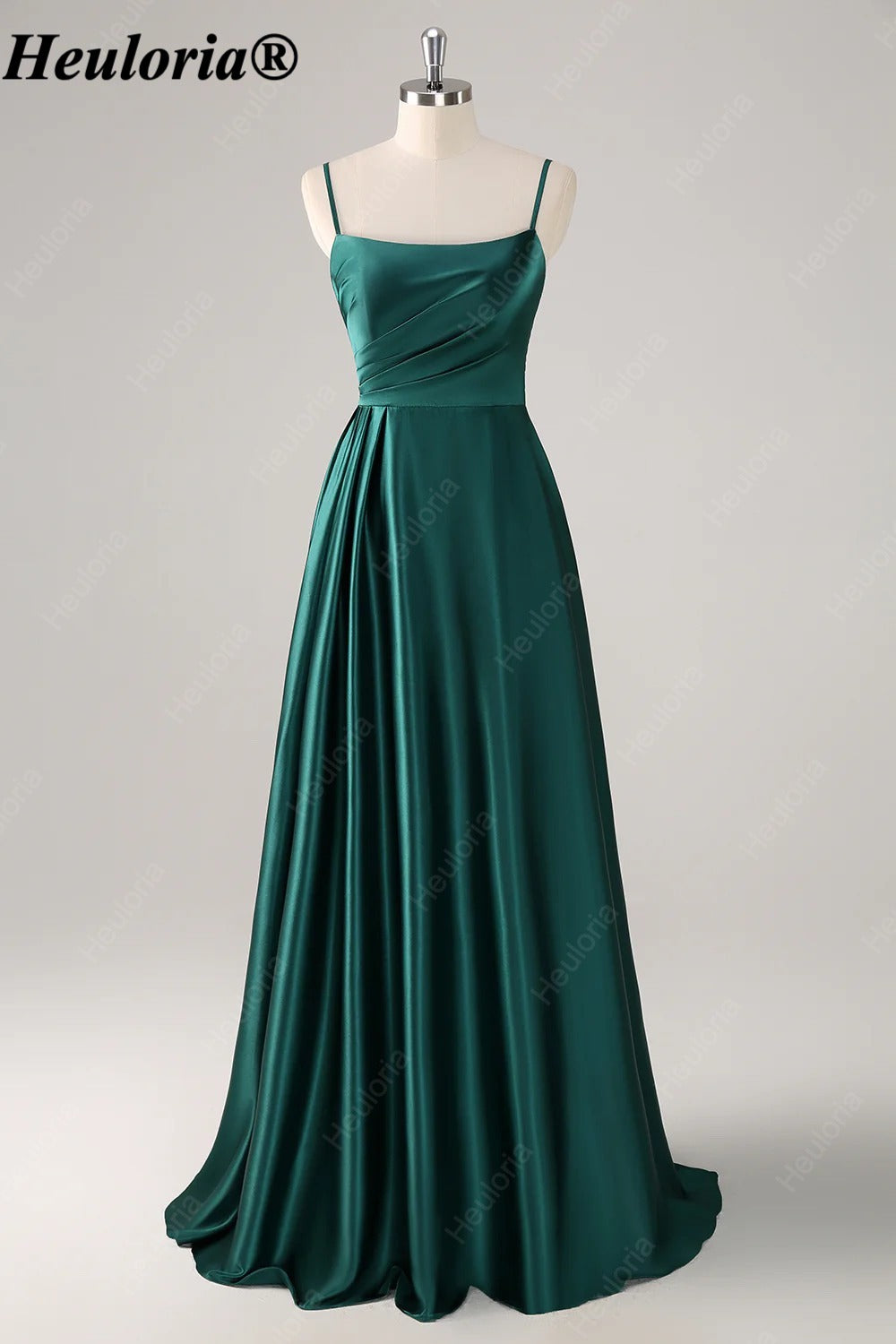 HEULORIA Dark Green Spaghetti Strap Ruched Satin A-Line Bridesmaid Dress ED-260