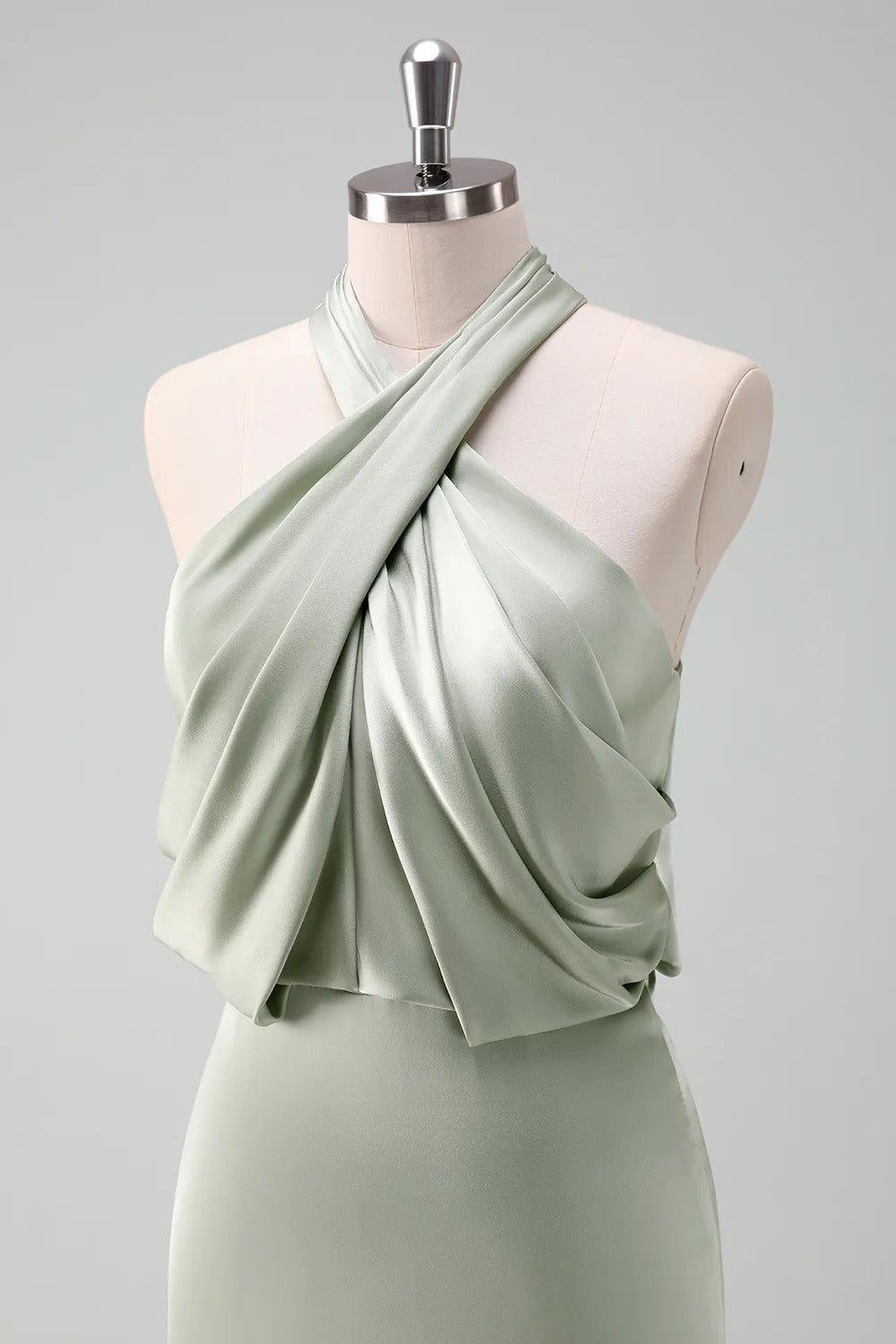 HEULORIA Elegant Dusty Sage Criss-Cross Halter Satin Mermaid Formal Gown ED-229