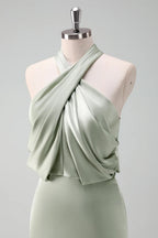 HEULORIA Elegant Dusty Sage Criss-Cross Halter Satin Mermaid Formal Gown ED-229