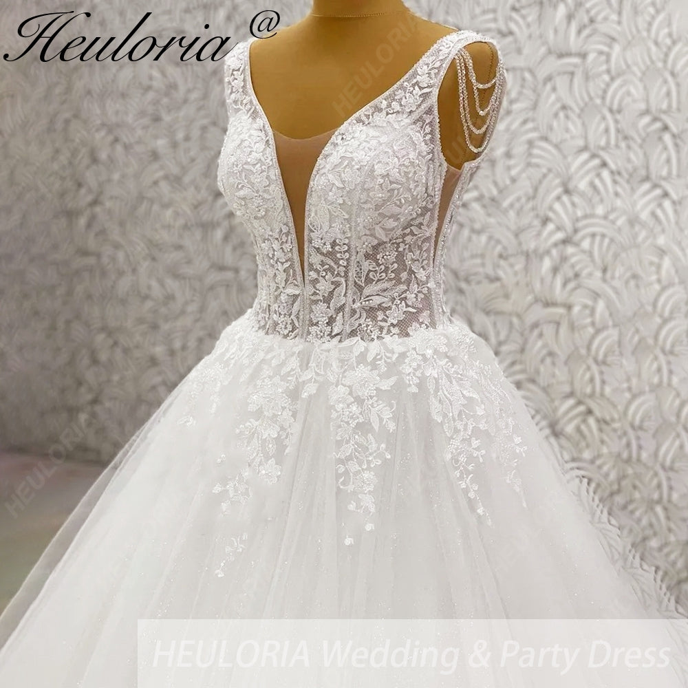 Heuloria Ethereal A-Line Wedding Dress with Deep V-Neck and Draped Pearl Shoulder Accents AL-969