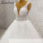 Heuloria Ethereal A-Line Wedding Dress with Deep V-Neck and Draped Pearl Shoulder Accents AL-969