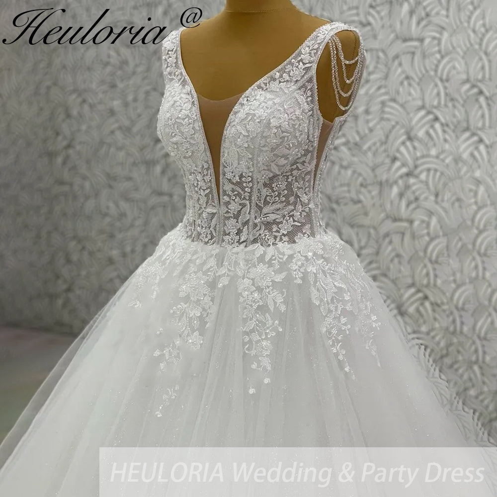 HEULORIA V Neck Sleeveless A lineWedding Dress Boho Lace Appliques Tulle Long Bridal Gowns Backless Vestidos de Novia Customized AL-969