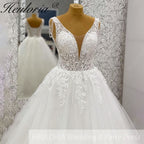 Heuloria Ethereal A-Line Wedding Dress with Deep V-Neck and Draped Pearl Shoulder Accents AL-969