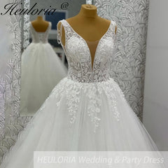 HEULORIA V Neck Sleeveless A lineWedding Dress Boho Lace Appliques Tulle Long Bridal Gowns Backless Vestidos de Novia Customized AL-969