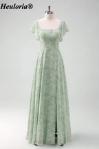 heuloria-Grey Green Floral Square Neck Flutter Sleeve Bridesmaid Dress-ed-558