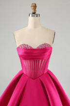 HEULORIA Sweetheart Strapless Corset Satin Mini Dress - Beaded Neckline A-Line Party Dress ED-270