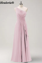 HEULORIA One-Shoulder Ruched Chiffon Bridesmaid Dress with Slit ED-959